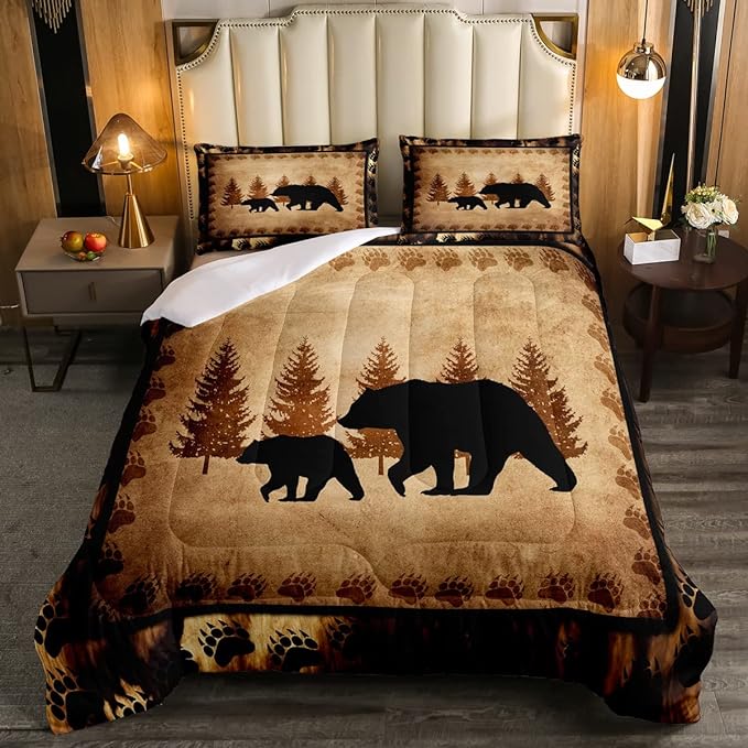 Bear Comforter Set Twin Size Farmhouse Wild Animal Comforter Retro Bear Family Bedding Set for Kids Boys Girls Brown Bear Paws Duvet Set Rustic Bedroom Decor Quilted Set 2Pcs