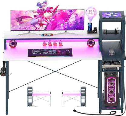 armocity 2024 Upgrade Gaming Desk with LED Lights, Small Computer Desk with Long Monitor Stand, 47.2'' Reversible Laptop Table with Storage Shelves, Small Desk for Small Spaces, Gaming Room, White