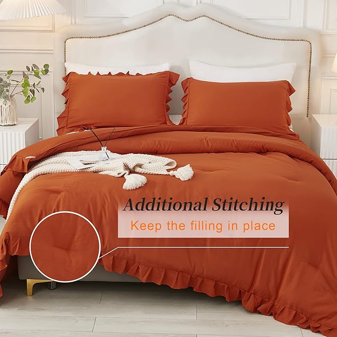 Andency Burnt Orange Twin Size Comforter Set, 2 Pieces Terracotta Ruffle Shabby Chic Bedding Comforters & Sets for Kids Grils, All Season Soft Lightweight Down Alternative Bed Blanket Set