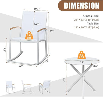 Shintenchi 3 Piece Outdoor Rocking Bistro Set, Textilene Fabric Small Outdoor Furniture, Front Porch Rocker Chairs Conversation Set with Table for Lawn, Garden, Balcony, Poolside (White)