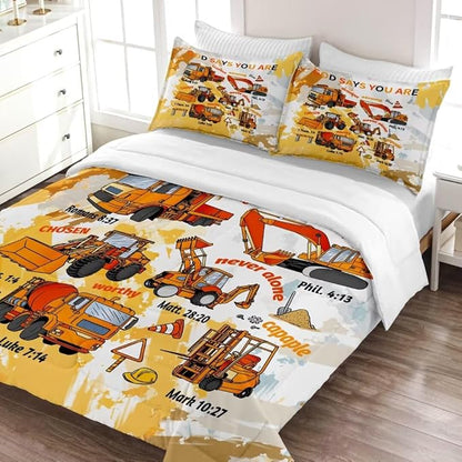 Kids Construction Vehicles Truck Comforter for Boys Twin,Cartoon Car Excavator Tractor Bedding Set,Construction Christian Spirational Quotes Comforter with 2 Pillowcases Yellow