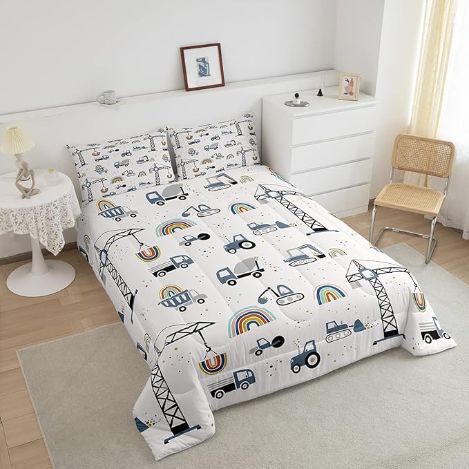 Cute Cars Bedding Set Kids Cartoon Excavator Comforter for Boys Girls Machinery Bulldozer Crane Comforter Set Colorful Rainbow Construction Site Duvet Set Room Decor Quilt Full Size Boys