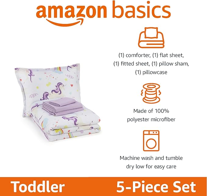 Amazon Basics 5 Piece Microfiber Kid's Bed-in-a-Bag Bedding, Toddler, Unicorn Print