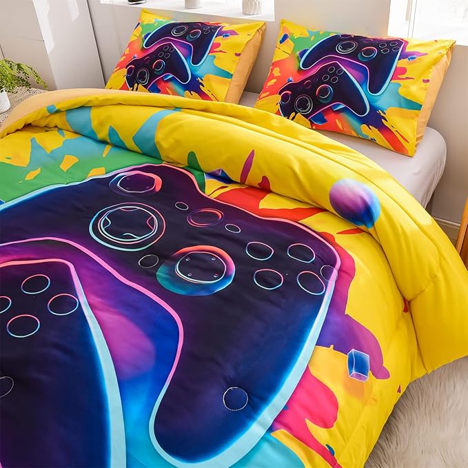 Aimuan Gamer Gaming Bedding Sets 3D Gamepad Comforter Sets for Boys Games Console Action Buttons Novelty Colorful Game Controller Modern Room Decor Home Quilt Set (Full, Yellow)