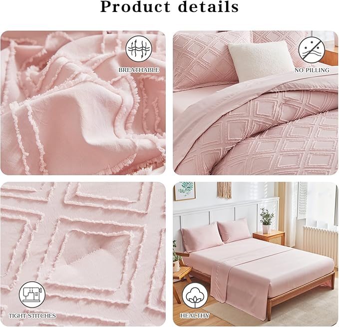 6 Pieces Tufted Bed in a Bag Twin Comforter Set with Sheets Blush, Soft and Embroidery Shabby Chic Boho Bohemian, Luxury Solid Color with Diamond Pattern, Jacquard Tufts Bedding Set for Kids Girls