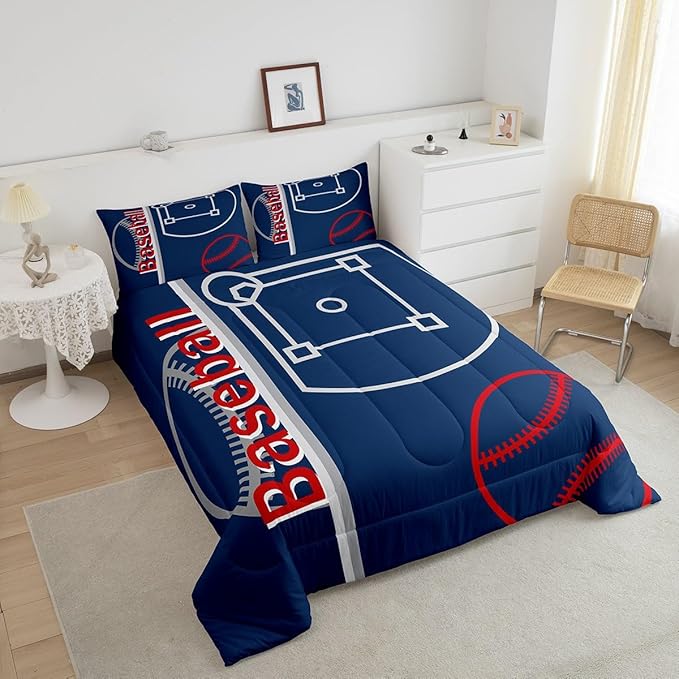 Feelyou Baseball Bedding Set Full Size Sports Game Comforter Set for Kids Boys Girls Decor Baseball Gaming Comforter Microfiber Ball Duvet Set Bedroom Quilt Set
