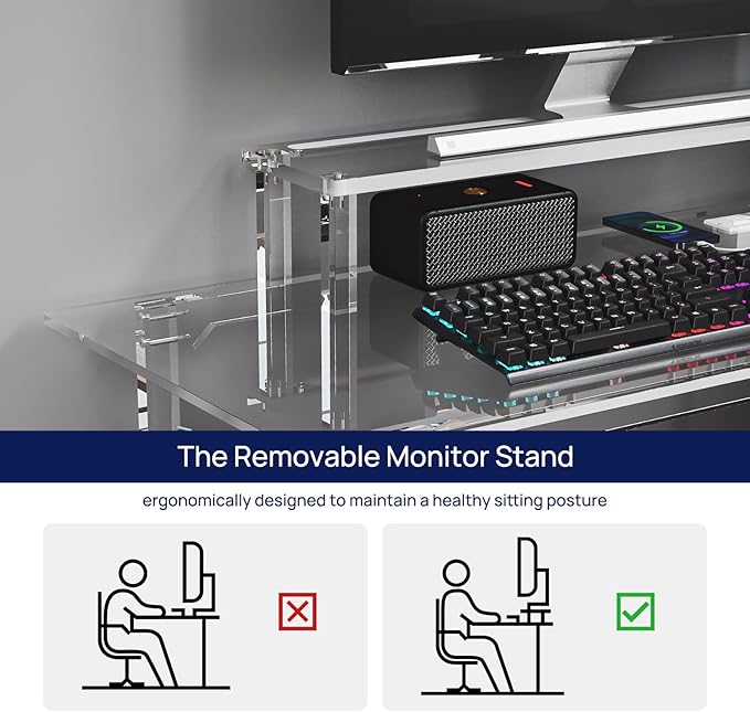 HMYHUM Acrylic Gaming Desk with LED Lights & Charging Station, Clear Computer Desk with Monitor Stand and Shelves, Home Office Desk with USB Ports & Outlet, 39.4" L x 19.7" W x 29.5" H