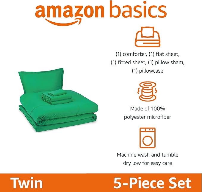 Amazon Basics 5 Piece Microfiber Kid's Bed-in-a-Bag Bedding Set, Twin, Green, Solid