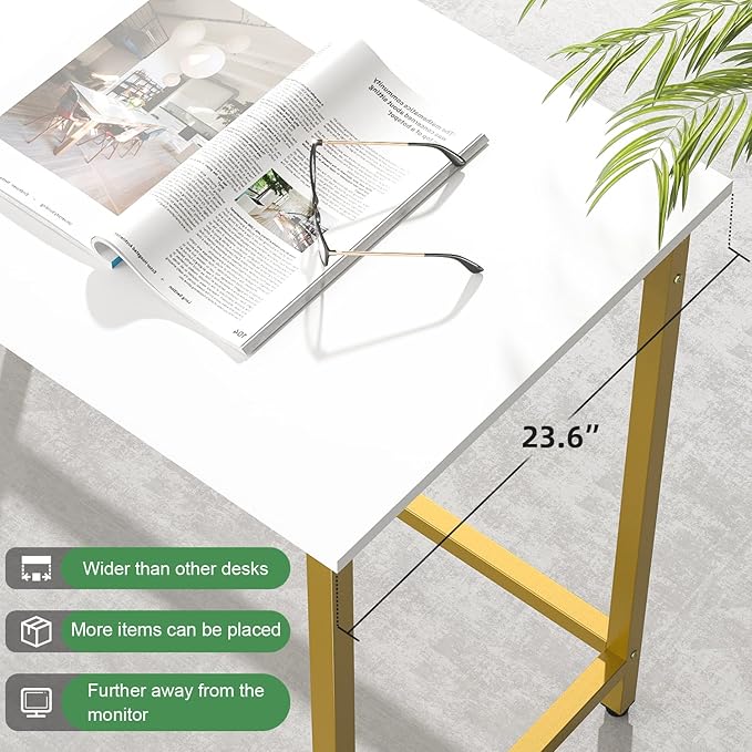 Elephance 59" L Shaped Desk Corner Computer Desk Gaming Table with Monitor Stand Workstation for Home Office (Large, White+ Gold Frame)