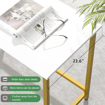 Elephance 59" L Shaped Desk Corner Computer Desk Gaming Table with Monitor Stand Workstation for Home Office (Large, White+ Gold Frame)