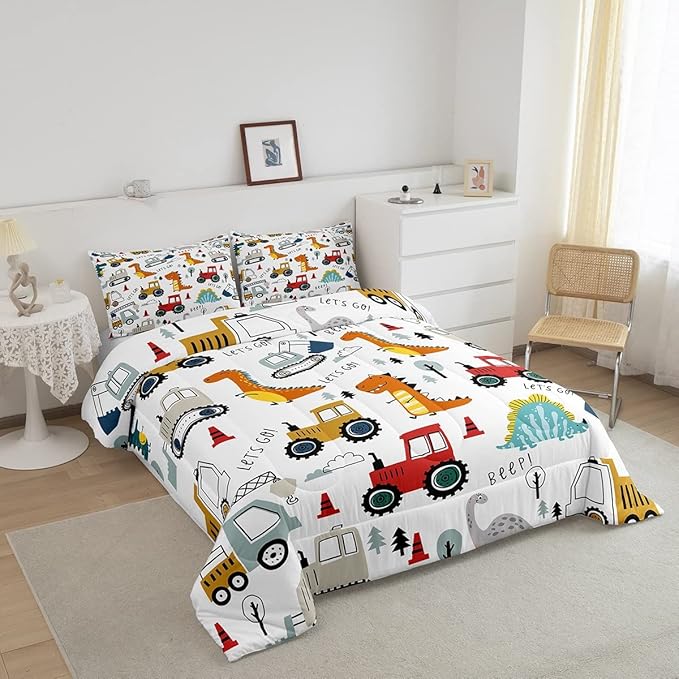 Feelyou Construction Comforter Set Kids Cartoon Dinosaur Comforter Cover Set for Boys Equipment Trucks Bedding Set Construction Vehicles Kawaii Jungle Dino Duvet Set Room Decor Quilt Set Twin Size