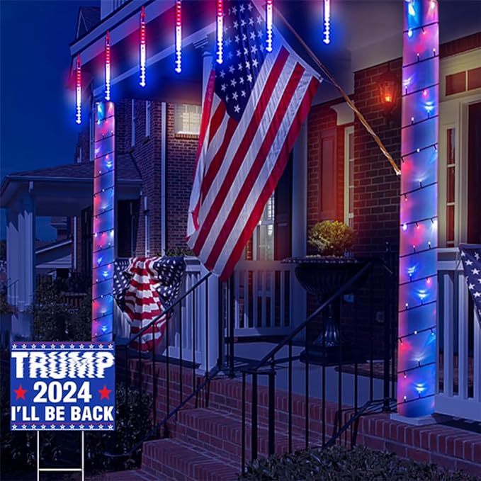 Kwaiffeo 4th of July Decorations Outdoor, Red White Blue Meteor Shower Lights for Independence National Memorial Day, Patriotic Flag Lights for 2024 American President Election Campaign, 8 Tubes