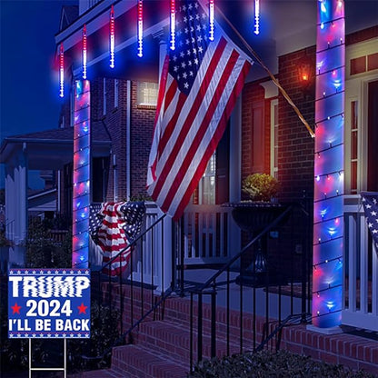 Kwaiffeo 4th of July Decorations Outdoor, Red White Blue Meteor Shower Lights for Independence National Memorial Day, Patriotic Flag Lights for 2024 American President Election Campaign, 8 Tubes