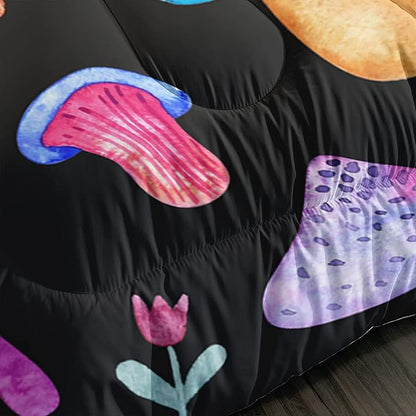 Colorful Mushroom Comforter Set Full Size Kids Mushroom Flora Bedding Set Botanical Plant Theme Print Quilt Bed Set for Boys Girls Adults with 1 Comforter and 2 Pillowcases