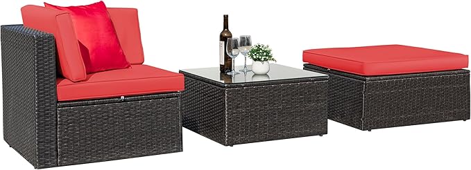Greesum 3 Piece Patio Conversation Set Wicker Rattan Furniture Outdoor Sofa with Cushions,Pillows & Glass Table for Porch,Lawn and Yard, Red