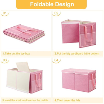 Large Toy Box for Boys Girls Toy Chest Kids Toy Storage Organizer Collapsible Toy Storage Bin Basket with Two Mesh Pockets for Nursery Playroom Bedroom Living Room Organization
