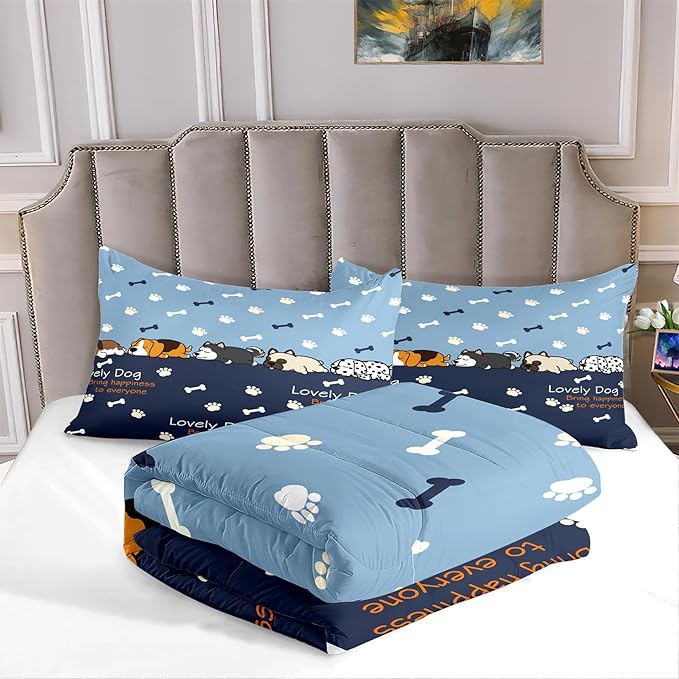 Bedding Set, 3Pcs Cartoon Dog Comforter Set for Boys, Queen Size, Lovely Puppy Patterns, Fun Animal Lover Quilt with 2 Pillowcases
