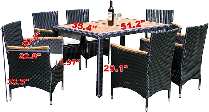 7-Piece Outdoor Dining Table Set with Acacia Wood TableTop and 6 Chairs, Rattan Wicker Patio Furniture for Garden Backyard Poolside, Onesize, Black