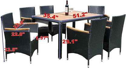 7-Piece Outdoor Dining Table Set with Acacia Wood TableTop and 6 Chairs, Rattan Wicker Patio Furniture for Garden Backyard Poolside, Onesize, Black