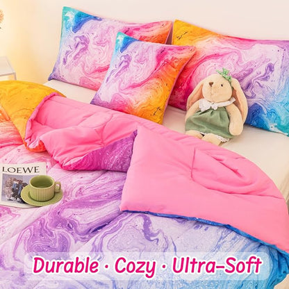 4 Pcs Tie Dye Twin Comforter Set for Girls, Watercolor Marble Abstract Art Superior Kids Bedding Sets Twin Size, Pink Purple Blue Colorful Teenage Girls Comforter Sets