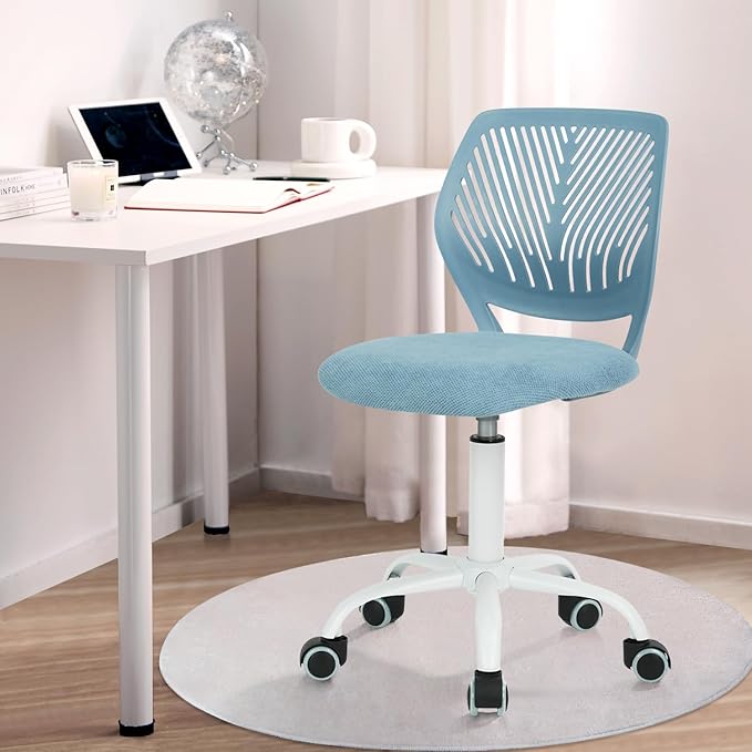 FurnitureR Kids Desk Chair, Small Mid Back Adjustable Swivel Computer Task Study Chair for Student, Fabric Armless Cute Rolling Children Office Chair, Light Blue