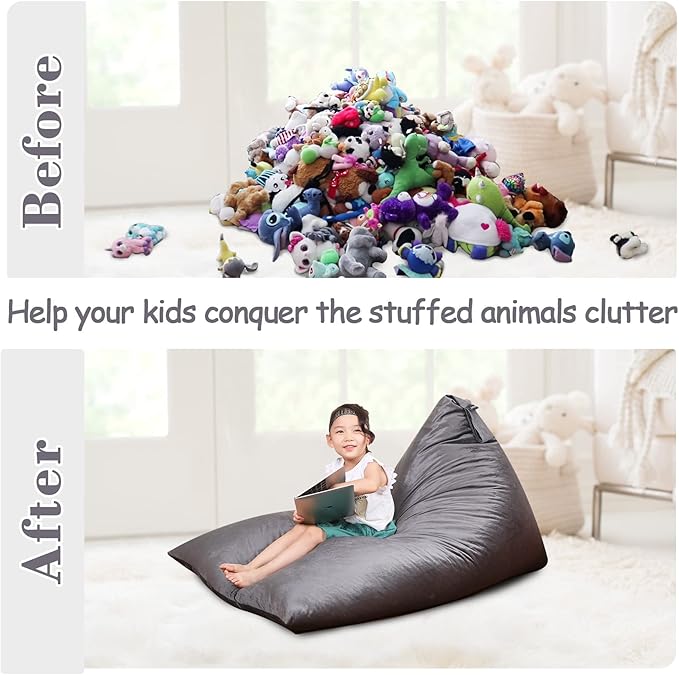 Stuffed Animal Storage Bean Bag Chair for Kids and Adults, Stuffed Animal Bean Bag Storage, Luxury Velvet Stuffie Seat - COVER ONLY(Dark Grey 200L/52 Gal)