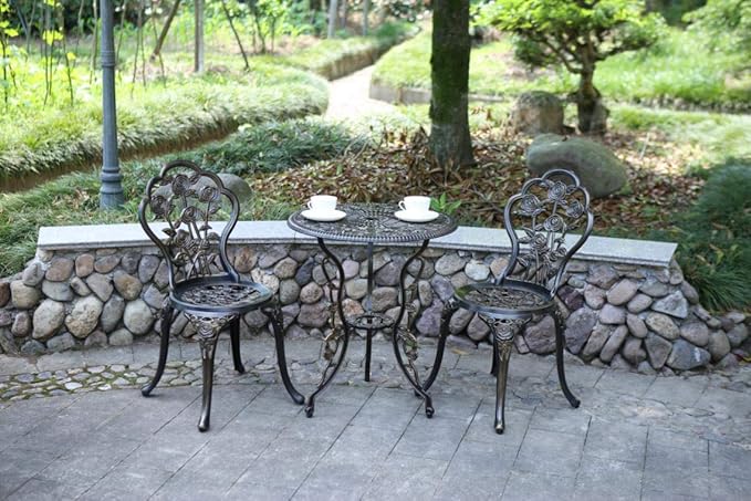 3 Piece Bistro Set,Outdoor Patio Set,Anti-Rust Cast Aluminum Bistro Table Set for Park Yard Front Porch Furniture(Antique Copper)