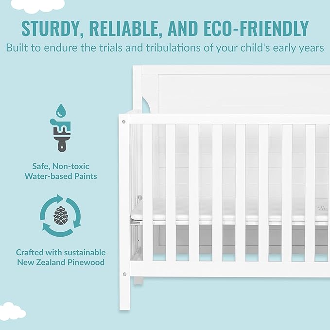 Bellport 4 in 1 Convertible Mini/Portable Crib In White, Non-Toxic Finish, Made of Sustainable New Zealand Pinewood, With 3 Mattress Height Settings