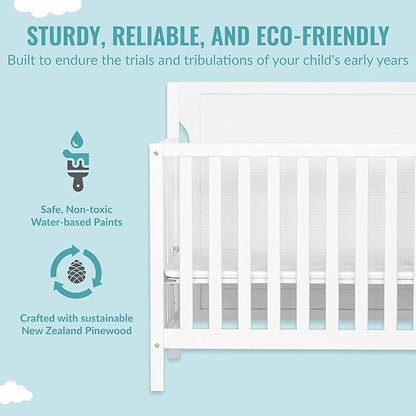 Bellport 4 in 1 Convertible Mini/Portable Crib In White, Non-Toxic Finish, Made of Sustainable New Zealand Pinewood, With 3 Mattress Height Settings