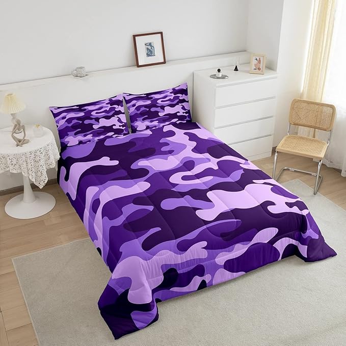 Full Size Camouflage Comforter Set 3Pcs Kids Bedding Set for Boys Girls Teens 1 Comforter & 2 Pillowcases(Full,Purple) Boys