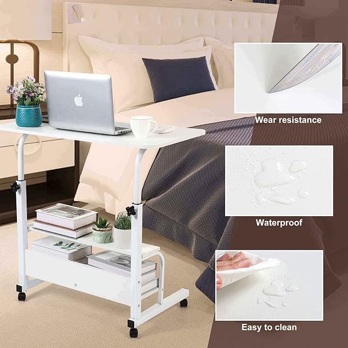 Adjustable White Home Office Desk with Storage and Detachable Wheels - 15.7 x 31.5 Inch