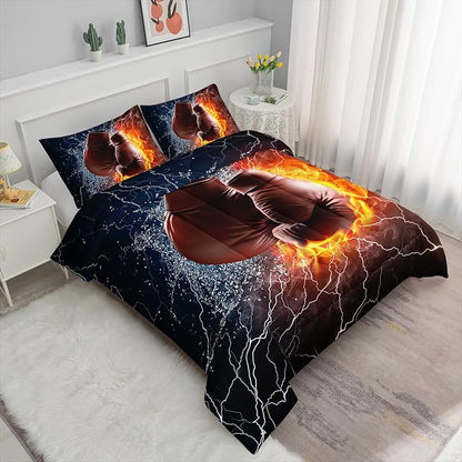 Axolotl Boxing Bedding Set Twin,Sports Theme Comforter Set Boxing Gloves Pattern Bedding Set,Red Blue Cool Lightning Comforter Pugilism Games Bedding Set for Kids Boys Teens Men,1 Quilt 2 Pillowcases