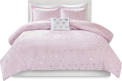 Mi Zone Rosalie Comforter Set for Girls, Ultra-Soft Microlight Plush Metallic Printed Hearts Brushed Reverse Overfilled Down Alternative Hypoallergenic All Season, Twin/Twin XL, Pink/Silver, 3 Piece