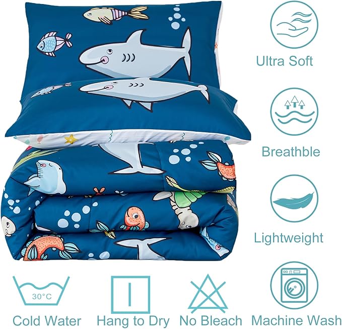 WINLIFE 3 PCS Full Comforter Set for Boys, Super-Soft Reversible Teen Bed Sets Comforter, Ocean Theme Printed Comforter, Easy Wash Bedding Quilt (3PCS, Navy Blue, Sharks/Dolphins/Fish)