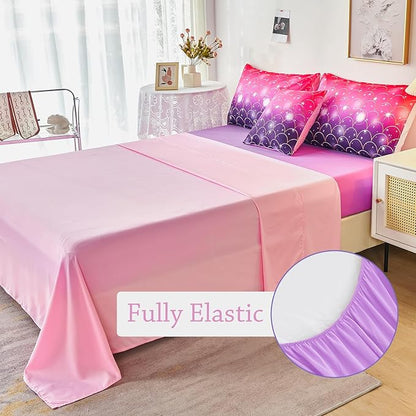 URBONUR Purple Glitter Comforter Set Queen Size for Girls 6 Piece Bed in A Bag Comforter with Sheets Set, Gradient Pink Purple Sparkle Mermaid Fish Scales Bedding Comforter Set