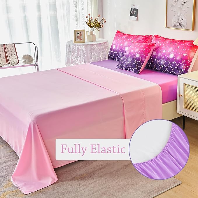 URBONUR Purple Glitter Comforter Set Full Size for Girls 6 Piece Bed in A Bag Comforter with Sheets Set, Gradient Pink Purple Sparkle Mermaid Fish Scales Bedding Comforter Set