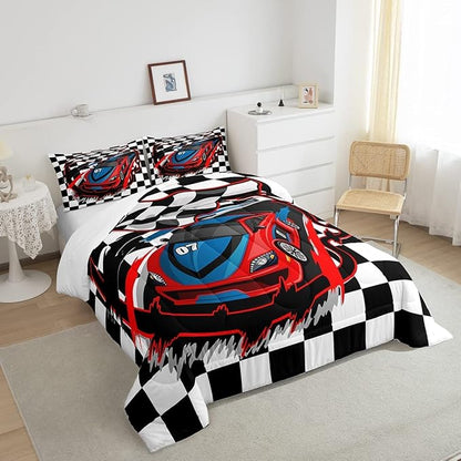 Red Race Car Bedding Set King Size Cool Racing Car Comforter Set Competition Extreme Sports Game Down Comforter for Kids Boys Girls Teens Bedroom Decor Plaid Pattern Duvet Insert with 2 Pillowcases
