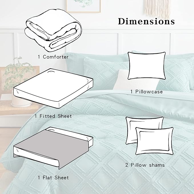 6 Pieces Tufted Bed in a Bag Twin Comforter Set with Sheets Green, Soft and Embroidery Shabby Chic Boho Bohemian Design, Luxury Solid Color with Diamond Pattern, Jacquard Tufts Bedding Set for Kids