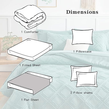 6 Pieces Tufted Bed in a Bag Twin Comforter Set with Sheets Green, Soft and Embroidery Shabby Chic Boho Bohemian Design, Luxury Solid Color with Diamond Pattern, Jacquard Tufts Bedding Set for Kids