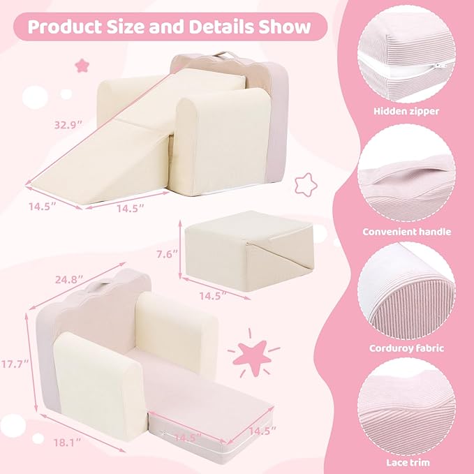 3-in-1 Toddler Chair Comfy Kids Sofa Chair,Toddler Couch Fold Out with Folding Ottomans,Foldable Baby Couch for Girls and Boys,Convertible Kids Chair Cozy to Lounger Pull Out for Playroom,Beige Pink