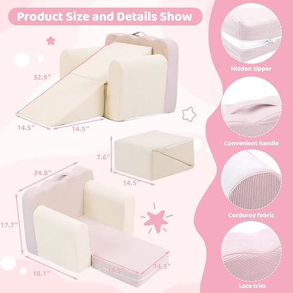 3-in-1 Toddler Chair Comfy Kids Sofa Chair,Toddler Couch Fold Out with Folding Ottomans,Foldable Baby Couch for Girls and Boys,Convertible Kids Chair Cozy to Lounger Pull Out for Playroom,Beige Pink