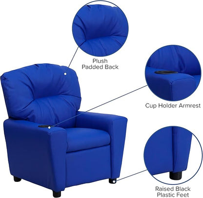 Flash Furniture Chandler Vinyl Kids Recliner with Cup Holder and Safety Recline, Contemporary Reclining Chair for Kids, Supports up to 90 lbs., Blue