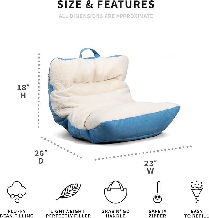 Big Joe Roma Kid's Bean Bag Chair, Oat Sherpa and Dusty Blue, Vegan Suede, 2 feet