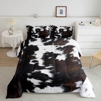 Brown Cowhide Comforter Set Twin,Black White Aztec Cow Print Bedding Set Western Farmhouse Animal Fur Down Comforter for Kids Boys Girls,Rustic Cowboy Quilt Duvet Set 1 Pillow Case Bedroom Decor