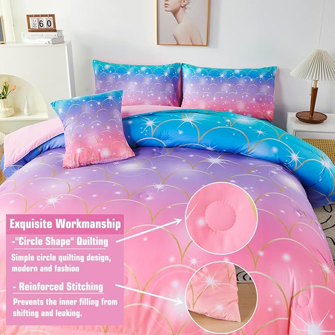 PERFEMET Pink Purple Mermaid Comforter Queen Size 6 Pieces Girls Bedding Set Colorful Rainbow Ombre Bed in A Bag Mermaid Scale Print Queen Comforter Set with Sheets
