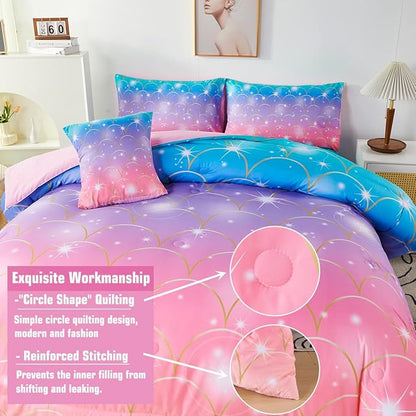 PERFEMET Pink Purple Mermaid Comforter Queen Size 6 Pieces Girls Bedding Set Colorful Rainbow Ombre Bed in A Bag Mermaid Scale Print Queen Comforter Set with Sheets
