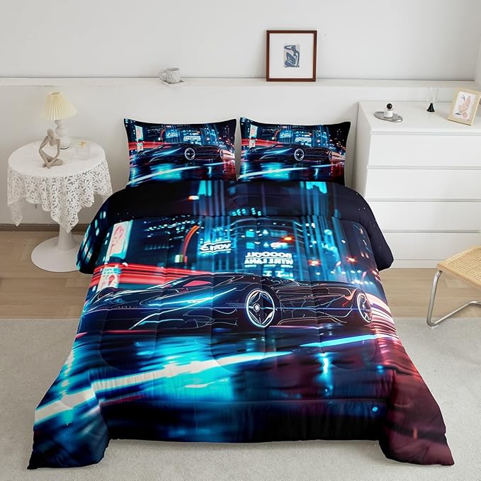 Feelyou City Racing Car Bedding Set Full Size for Kids Boys Extreme Sport Games Comforter Set Teens Toddler Fast and Furious Duvet Set Cool Modern Quilt Set 3Pcs
