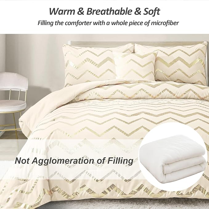Girls Comforter Set Twin Size Cream Bedding Set Cute Metallic Gold Bed Comforter 3 Piece Lightweight Microfiber Comforter for Kids Teen