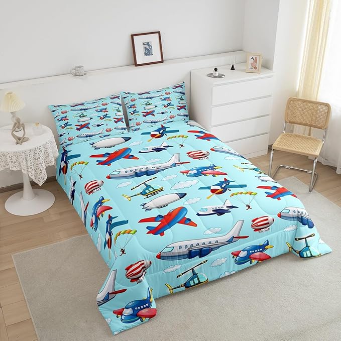 Kids Aircraft Comforter Set Boys Cartoon Airplane Print Comforter Helicopter Flying Plane Bedding Set for Children Girls Travel Decor Duvet Set Cute Colorful Planes Room Decor Twin Size Quilt Set