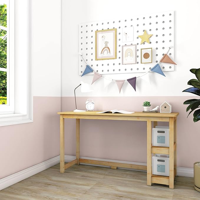 Max & Lily Solid Wood Desk With Shelves, 55 Inches, Natural